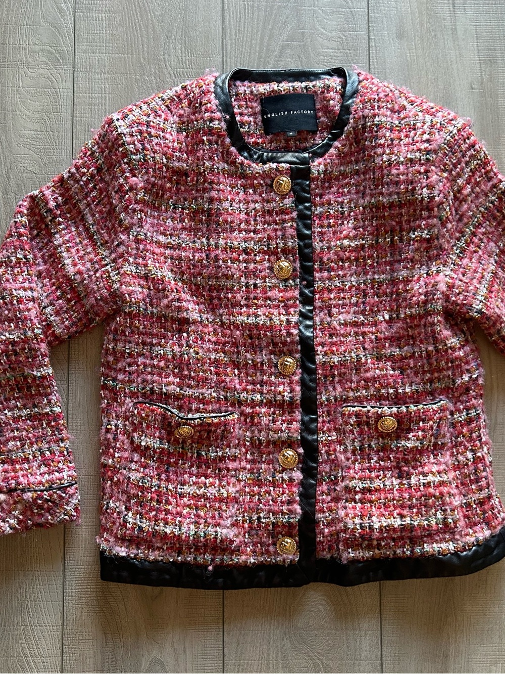 English Factory Pink Tweed Boxy Jacket with Gold Buttons